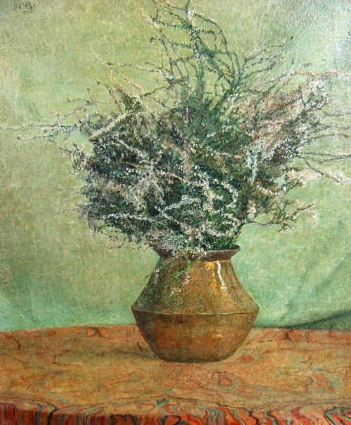 Vilmos Huszár 1910 oil on canvas heather in a copper vase 500x604 - Collectie