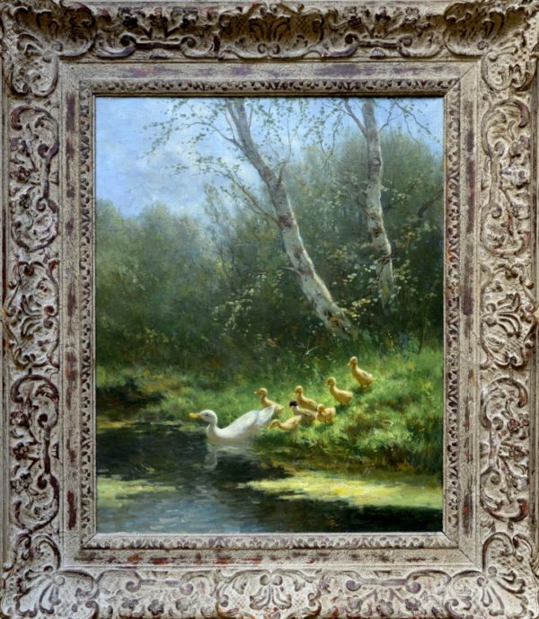 Proportio Divina | schilderij Constant Artz eend met kuikens aan de waterkant
