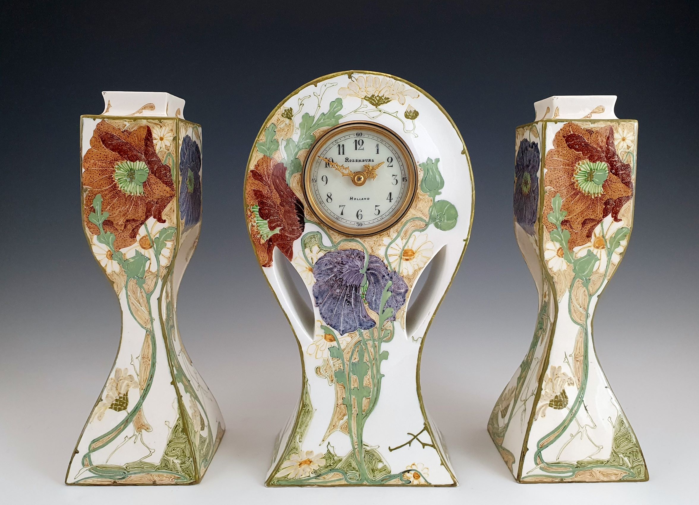 Proportio Divina |Rozenburg Hartgring 1902 eggshell porcelain clock garniture