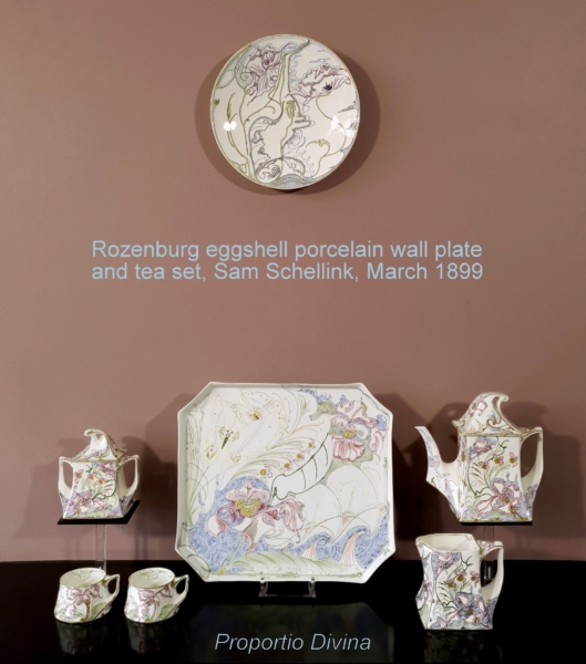 Rozenburg eggshell wall plate and tea set Schellink 1899